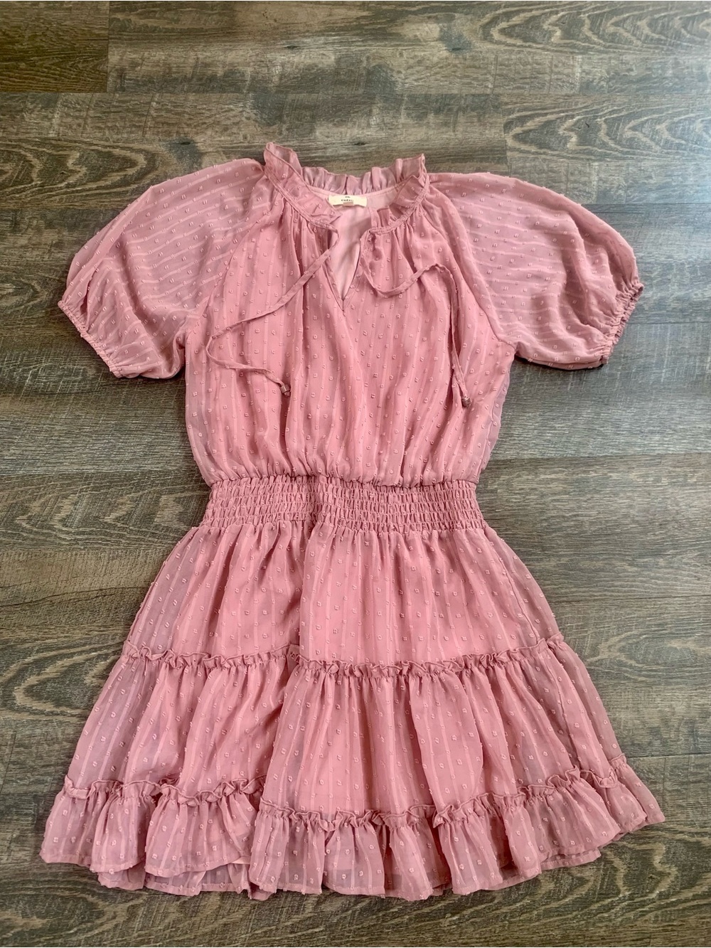 entro Dusty Rose Romantic Ruffle Tiered Swiss Dot Dress